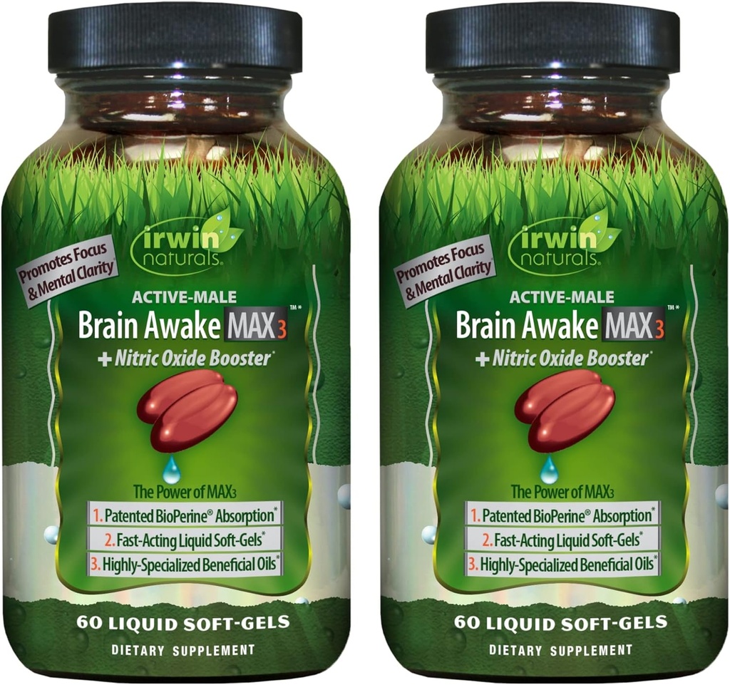 Irwin Naturals Brain Awake Max3 + Nitric Oxide Booster - 60 Liquid Soft- Gels, Pack of 2 - Support Brain Health & Optimize Performance - 40 Total Servering