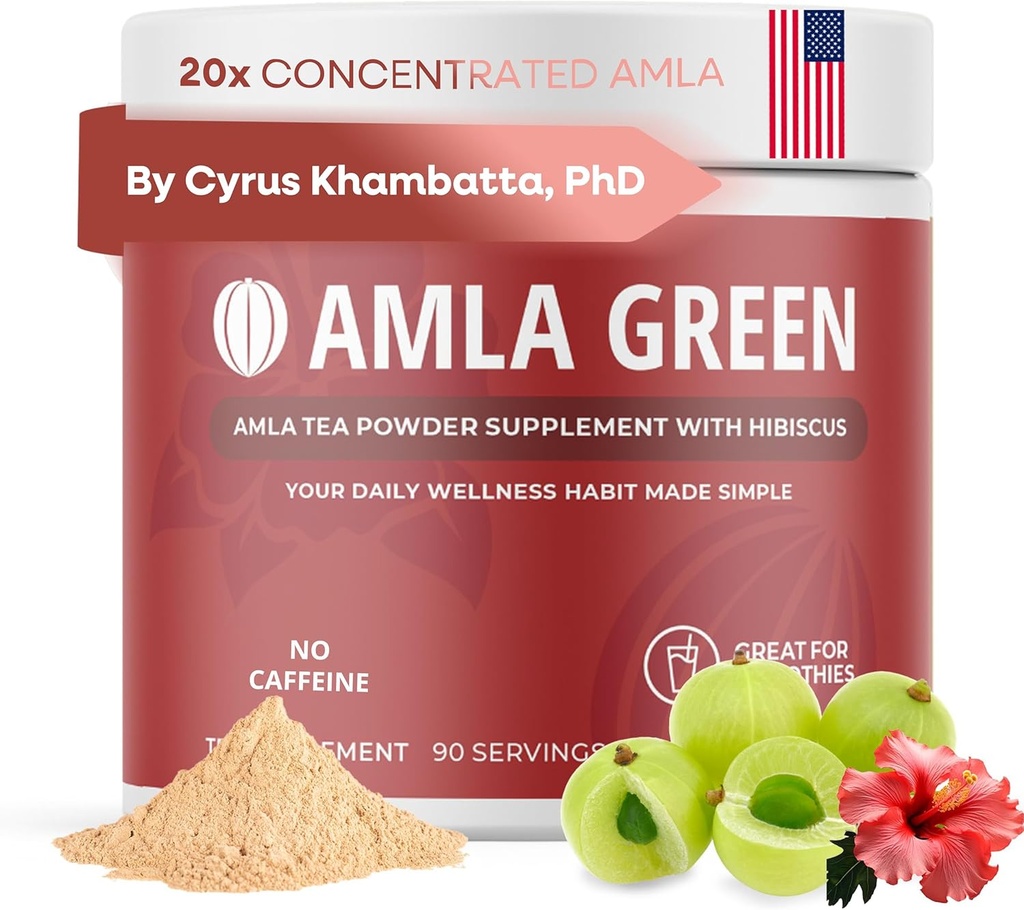 Amla Powder & Green Tea Superfood supplement med Hibiscus, 20x Ultra Koncentreret Amla, Antioxidant Support, Lavet med Oolong Tea og indiske Gooseberries, Organic, Vegan, Hibiscus, 90 Servere
