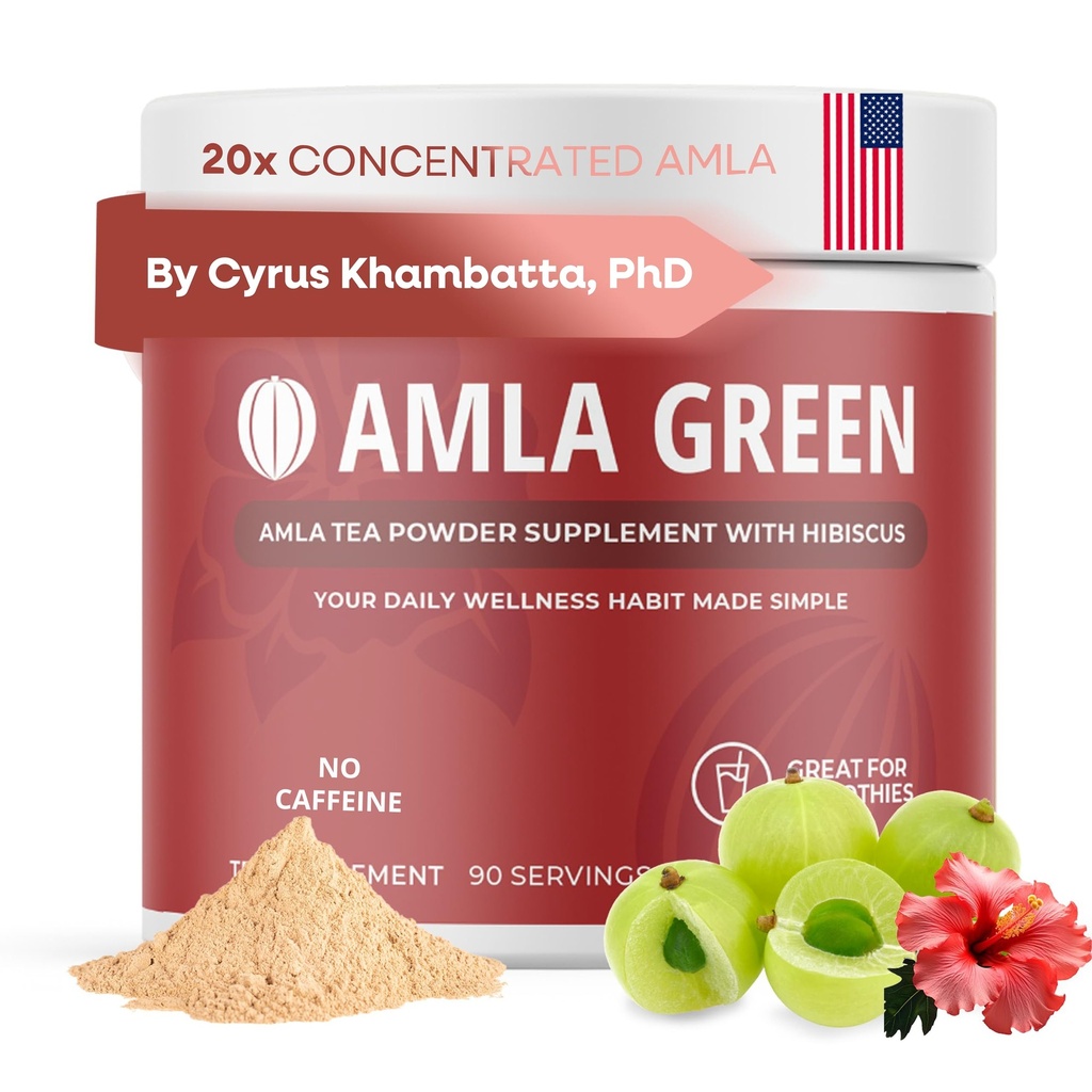 Amla Powder & Green Tea Superfood supplement med Hibiscus, 20x Ultra Koncentreret Amla, Antioxidant Support, Lavet med Oolong Tea og indiske Gooseberries, Organic, Vegan, Hibiscus, 90 Servere