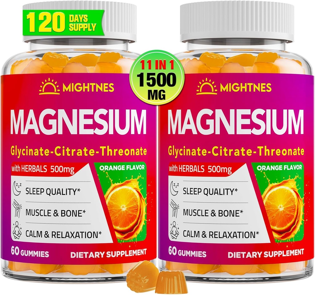Magnesium Gummier for voksne med Glycinat, Citrate & l- threonat, Ashwagandha, High Absorption Triple Magnesium Complex til hvile, afslapning, muskler, ben - 120 Gummies