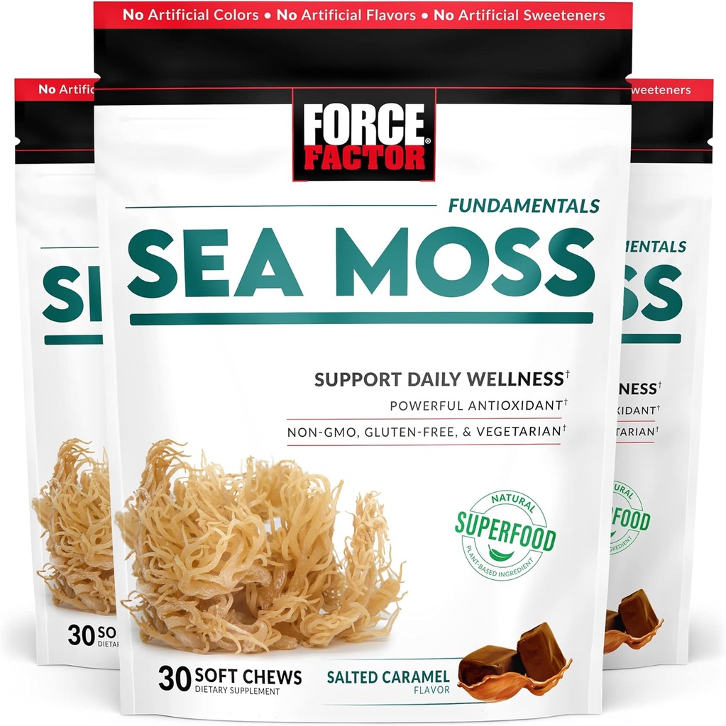 FORCE FACTOR Sea Moss Soft Chews, Support Immunity, fordøjelse, og hjerte sundhed, Irish Sea Moss Superfood & Antioxidants Supplement, Non- GMO, Gluten- Free, Saltet Caramel Flavor, 90 Soft Chews, 3- Pack