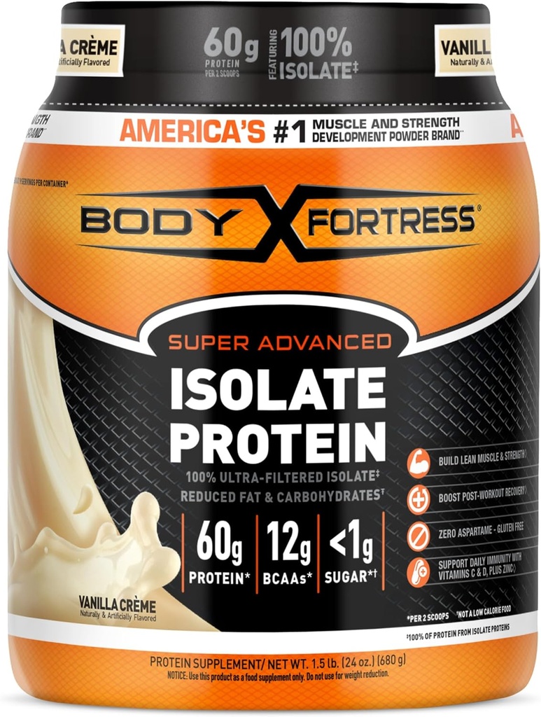 Body Fortress 100% Ultra- Filtret Isolate Protein Powder, Vanilla, 60g Protein & 12g BCAAs Per 2 Scoops, Muscle Gain & Recovery, immunforsvar med vitaminer C & D, 1,5 lbs, Packaging May Vary
