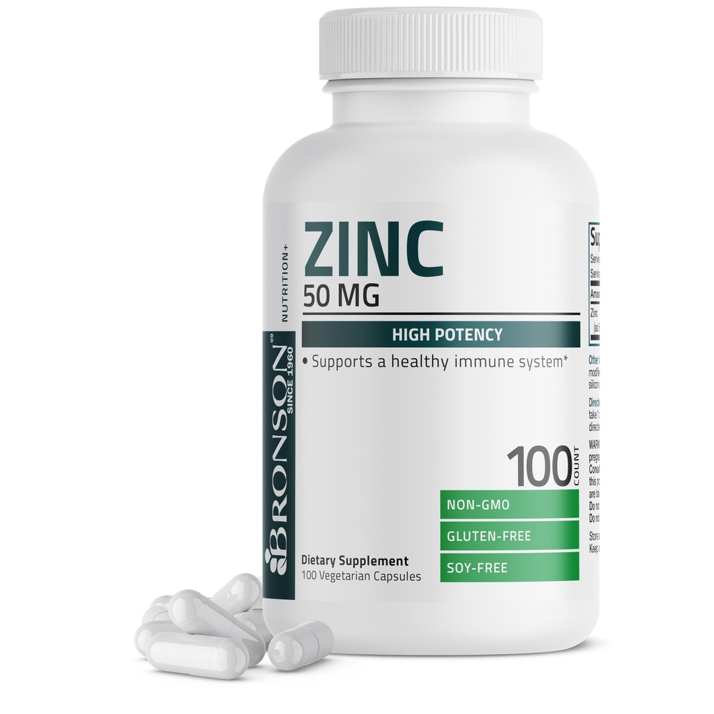 Bronson Zink 50mg Complex høj potens immunforsvar supplement & antioxidant og hud sundhed - ikke GMO, 100 vegetariske kapsler