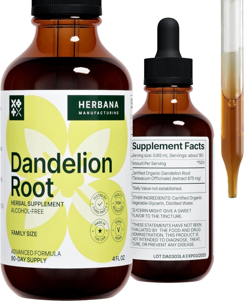 Mælkebøtte Root 4 fl oz Liquid Extract - Natural Herbal supplement til cleansering, fordøjelsesfunktion & Immunitet - Økologisk Taraxacum officinale - Familie størrelse - High Potency Drops - 90- Day Supply
