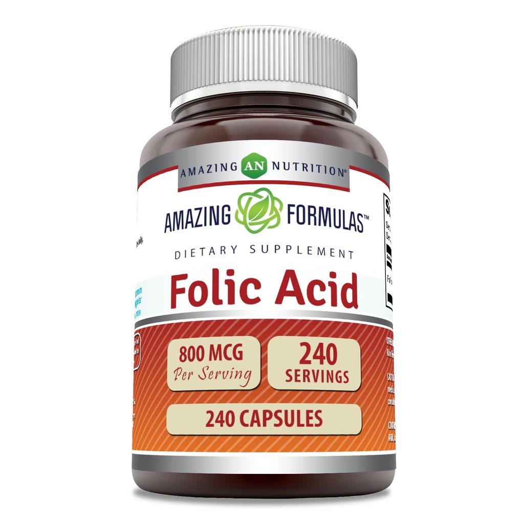 Amazing formulas folinsyre (vitamin B9) 800 Mcg Supplement # 124; Kapsler # 124; Non- GMO # 124; Gluten- fri # 124; Lavet i USA (1 pakke # 124; 240 Tæl)