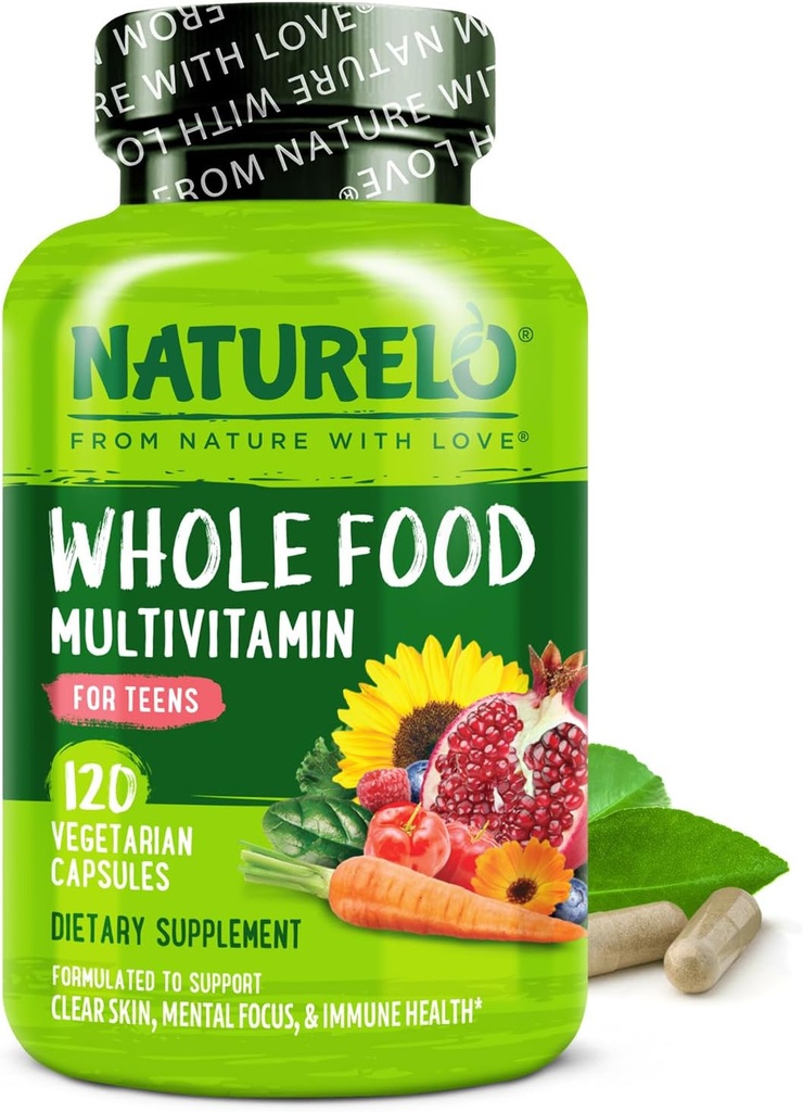 NATURELO Multivitaminer til Teenage Piger / Drenge, 120 Kapsler, Hele fødevarer Multivitamin med mineraler, Non- GMO, Vegetar