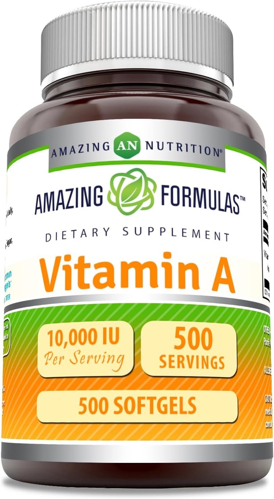 Amazing Formulas Vitamin A 10000 IE Supplement: 124; som Retinyl Palmitat • 124; 3000 Mcg • 124; Softgels • 124; Non- GMO • 124; Gluten Free • 124; Fremstillet i USA (1 pakke, 500 greve)