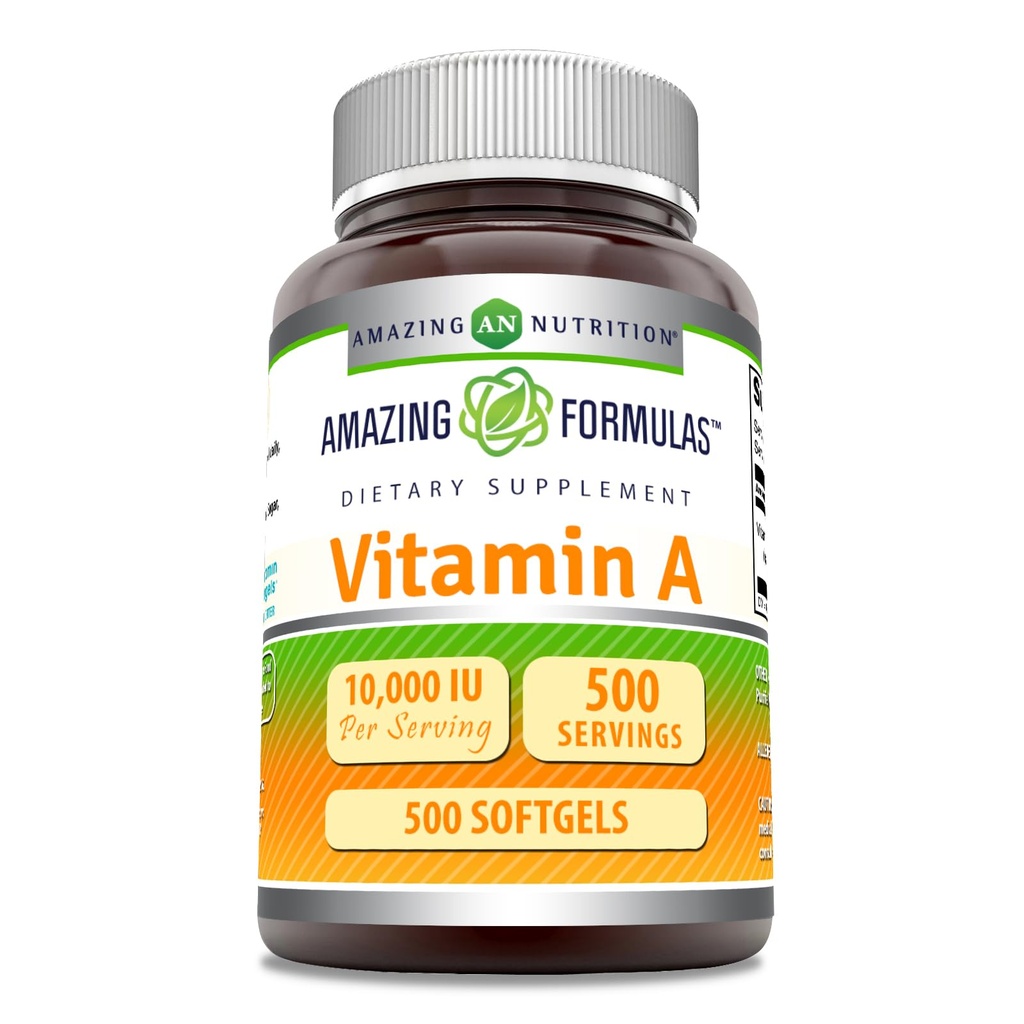 Amazing Formulas Vitamin A 10000 IE Supplement: 124; som Retinyl Palmitat • 124; 3000 Mcg • 124; Softgels • 124; Non- GMO • 124; Gluten Free • 124; Fremstillet i USA (1 pakke, 500 greve)