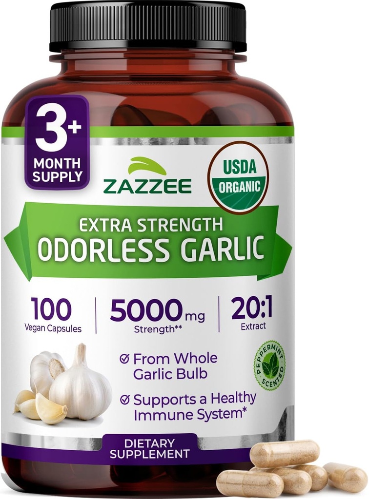 Zazzee USDA Organic Odorless Hvidløg 20: 1 Extract, 5000 mg Strength, 100 Veganske Kapsler, 3 + Måned Supply, Standardiseret, Koncentreret 20X Extract, 100% Vegetar, All- Natural, Non- GMO, Made in The USA