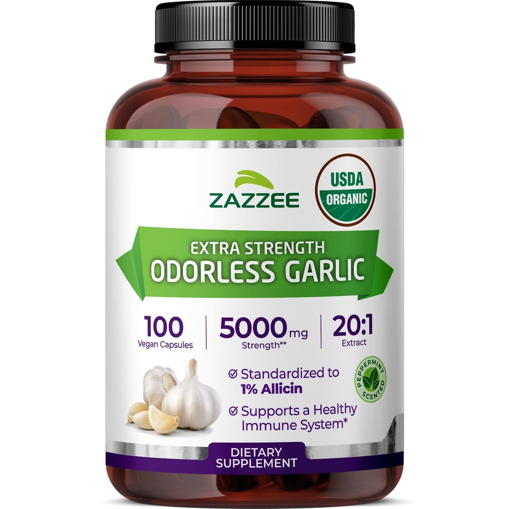 Zazzee USDA Organic Odorless Hvidløg 20: 1 Extract, 5000 mg Strength, 100 Veganske Kapsler, 3 + Måned Supply, Standardiseret, Koncentreret 20X Extract, 100% Vegetar, All- Natural, Non- GMO, Made in The USA