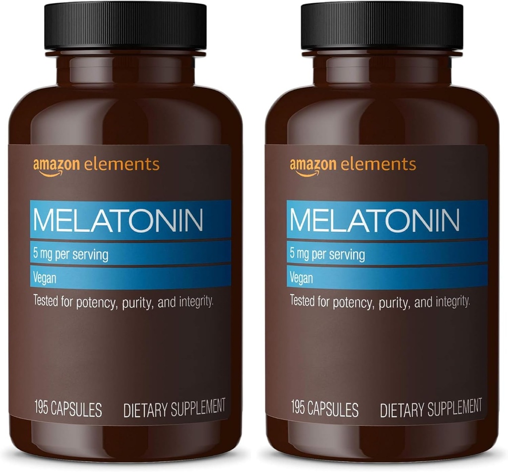 Elementer - Melatonin 5 mg kapsler, Hjælper med lejlighedsvis søvnløshed, Vegan, Unflavored, 195 Greve (pakke med 2), 6 Måned Supply (Packaging May Vary)