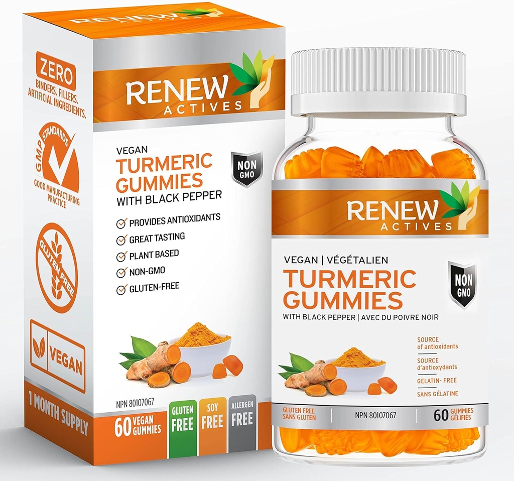 GENNEW AKTIVITETER Vegansk gurkemeje 130MG per 2 Gummier med sort peber til forbedret absorption - Antioxidant Support & immunforsvar - Great Tasting, Easy- to- Swallow Supplement, Made in Canada- 60 Gummies