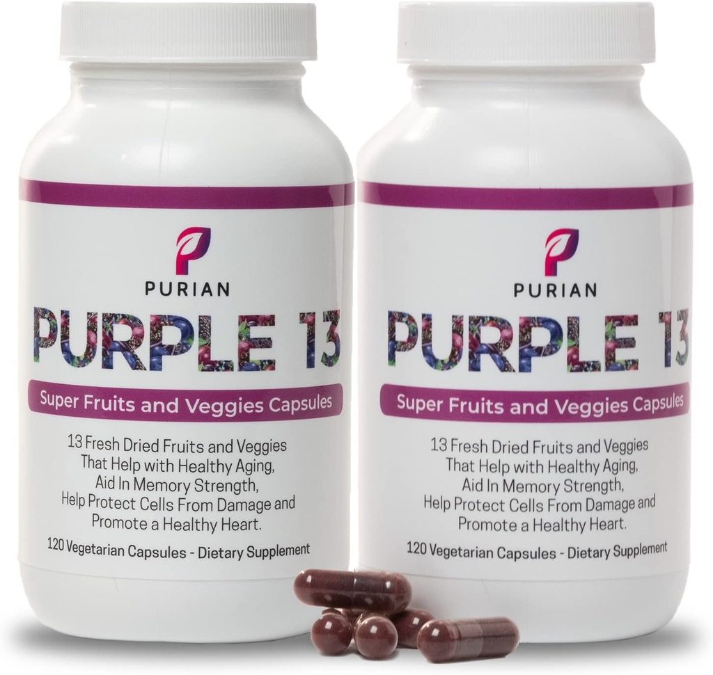 PURIAN Purple SuperFood Fruit and Veggie Supplement Frisk Tørret Lilla Frugt og Vegetabilske Kosttilskud fremmer Anti- Aging, Heart Health, Aids Memory Strength, 240 Vegetariske Kapsler, 2 Pack