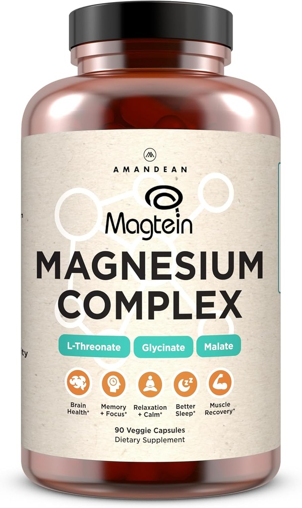 AMANDEAN Magtein Magnesiumkompleks. L- Threonat, Glycinat, Malat Triple Blend Chelated Magnesium Supplement. 90 Veggie kapsler. Høj Absorption Branded Ingredienser. Hjernehelbred, søvn, ro *.