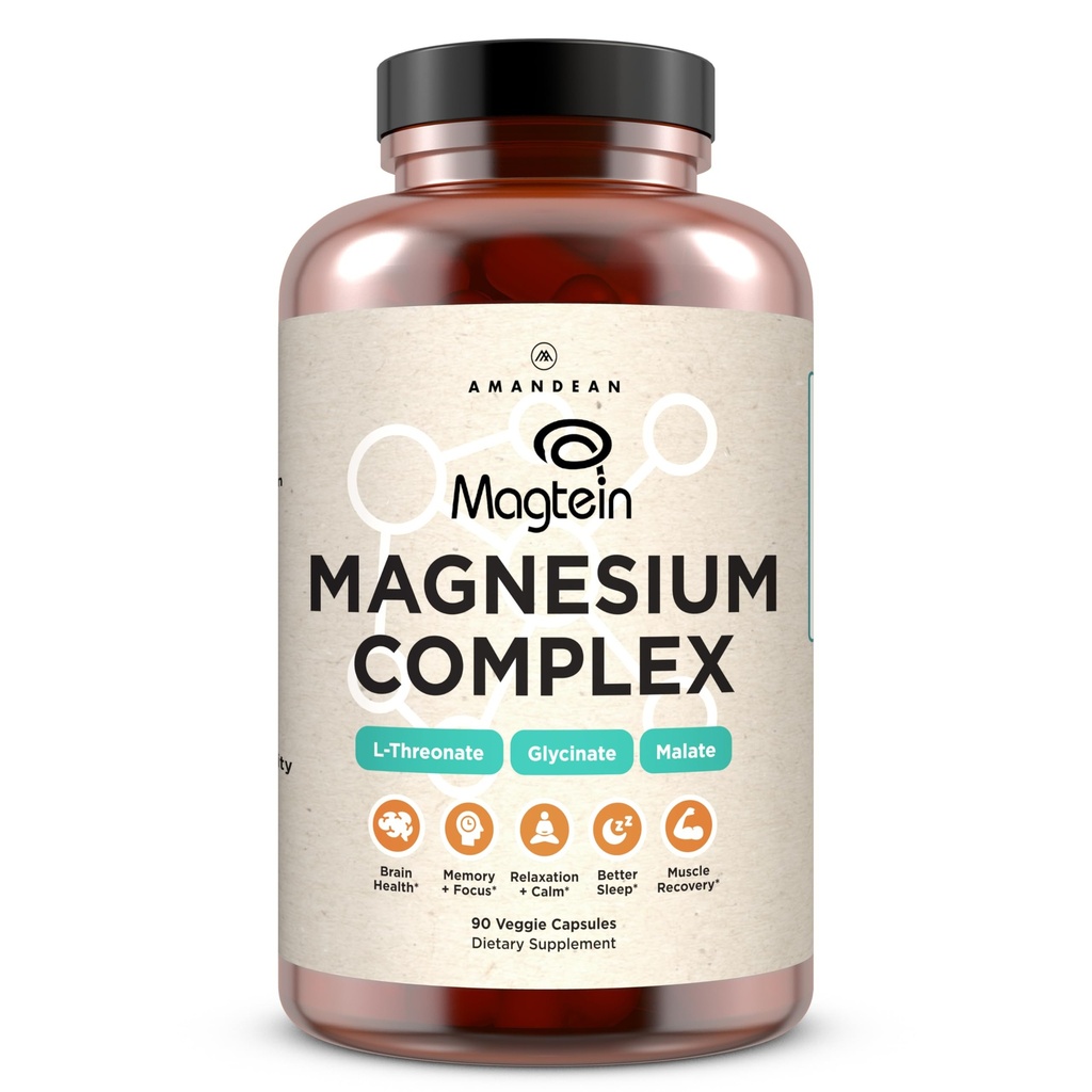 AMANDEAN Magtein Magnesiumkompleks. L- Threonat, Glycinat, Malat Triple Blend Chelated Magnesium Supplement. 90 Veggie kapsler. Høj Absorption Branded Ingredienser. Hjernehelbred, søvn, ro *.