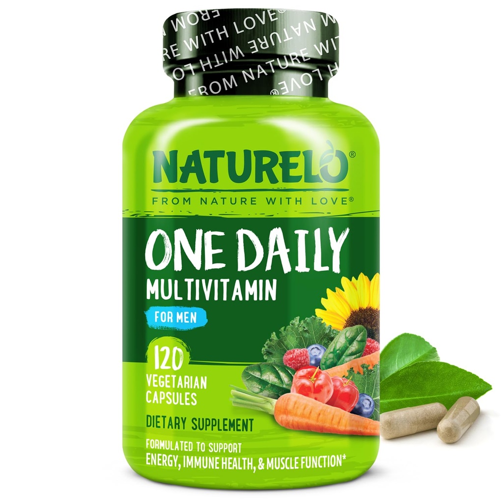 NATURELO Herre Multivitaminer - En daglig Multivitamin for mænd med vitaminer, mineraler & økologiske hele fødevarer, Boost Energy & Health, Non- GMO, 120 vegetariske kapsler