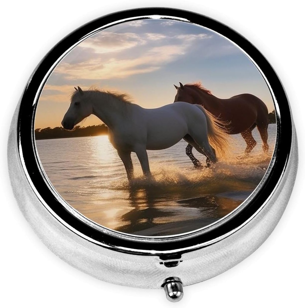 Solnedgang Lake Heste Print Round Pill Box 3 Segment Medicine Pill Case Portable Pill Container til daglig medicin supplement Vitamin