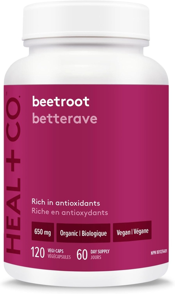 HEAL + CO. Rødbeder 650mg - High Power, Ultra-Pure, Økologisk, Superfood - Vegan, GMO- Free, Gluten- Free, Allergen- Free - Box med 120 vegetabilske kapsler