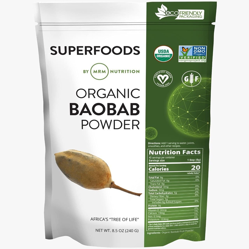 MRM Nutrition Organic Baobab Powder Б124; Superfoods Б124; fordøjelsesfremmende sundhed Б124; Antioxidant Б124; 40 Servering