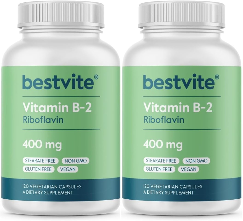 BESTVITE vitamin B-2 (Riboflavin) 400mg (240 vegetariske kapsler) (120 x 2) - Ingen stearater - Vegan - Ikke GMO - Gluten Free
