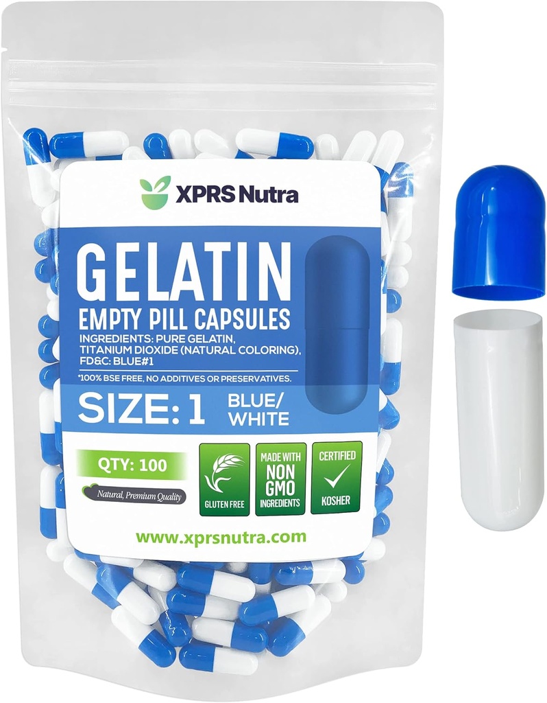 XPRS Nutra Størrelse 1 Tomme kapsler - 100 Grev Tomme Gelatine kapsler - Pille gør det - Pure Bovin Pille Gel Caps til Do- It- Yourself Kosttilskud (blå / hvid)