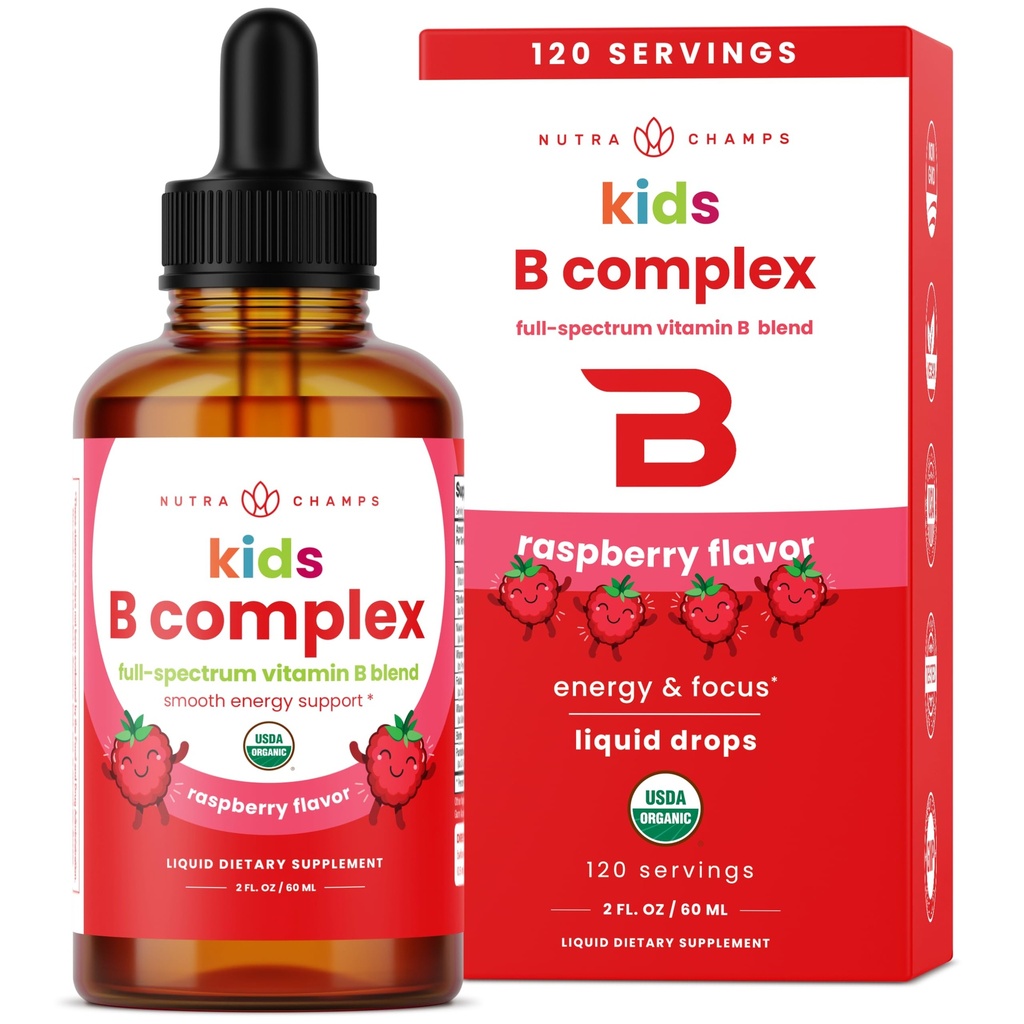 NutraChamps Vitamin B Complex for Kids, B1, B2, B3, B6, B7, B9 & Methyl B12, Kids B Complex Liquid Drops Supplement, Energy, Focus, Metabolisme, Natural Berry, 120 Servering, 4 Måned Supply