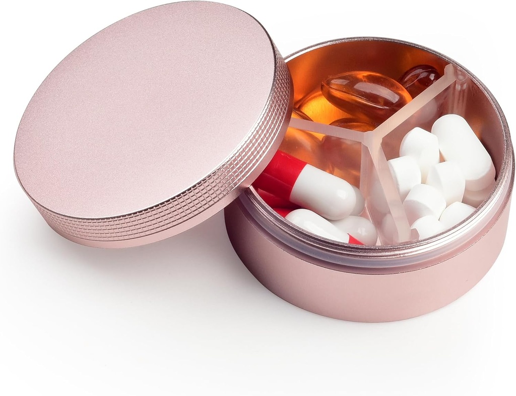 Lille pillekasse 3 afdelinger, Metal Round Bærbar pilleboks, Vandtæt Rejsepille Organizer, Pocket Purse Medicine Vitamin Holder EDC Container (Rose Gold)
