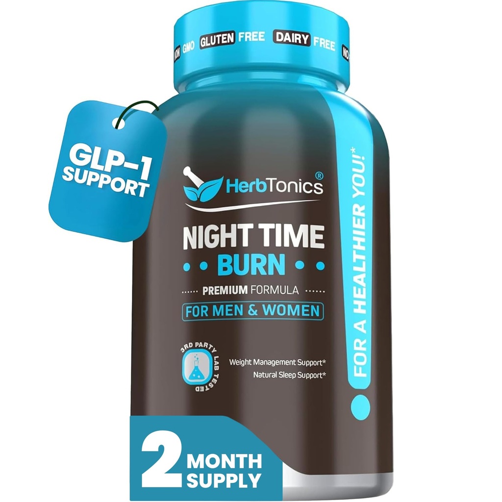 Herbtonics Night Time Burn & Sleep Complex understøtter Overnight Metabolisme, Stress Relief & Deep Sleep. Inkluderer Melatonin, Valerian og grøn te - Vegansk sengetid vægtstyring (60 kapsler)