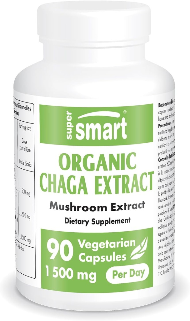 SuperSmart Organic Chaga Extract 1500mg per dag (høj styrke) - Wild & håndplukket Chaga svampe Supplement 124; Non- GMO & Gluten Free - 90 vegetariske kapsler