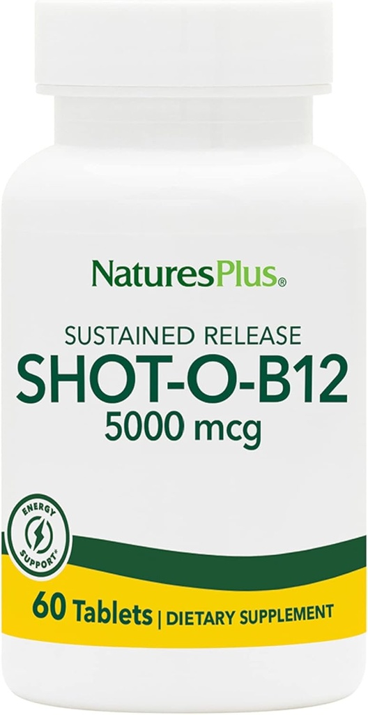 Natures Plus Shot- O- B12 (Methylcobalamin), Vedvarende udgivelse - 5000 mcg, 60 Vegetariske tabletter - Høj potens, Fast fungerende B12 supplement - Memory & Energy Booster - Gluten- Free - 60 Servere