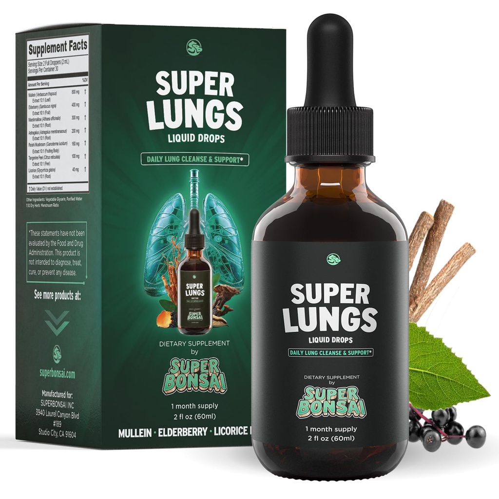 SuperBonsai Super Lungs Mullein Drops - Herbal Lung Support Tinktur med Mullein Leaf Extract Elderberry Reishi Marshmallow Root - Understøtter Clear Breathing & Wellness - 2 oz