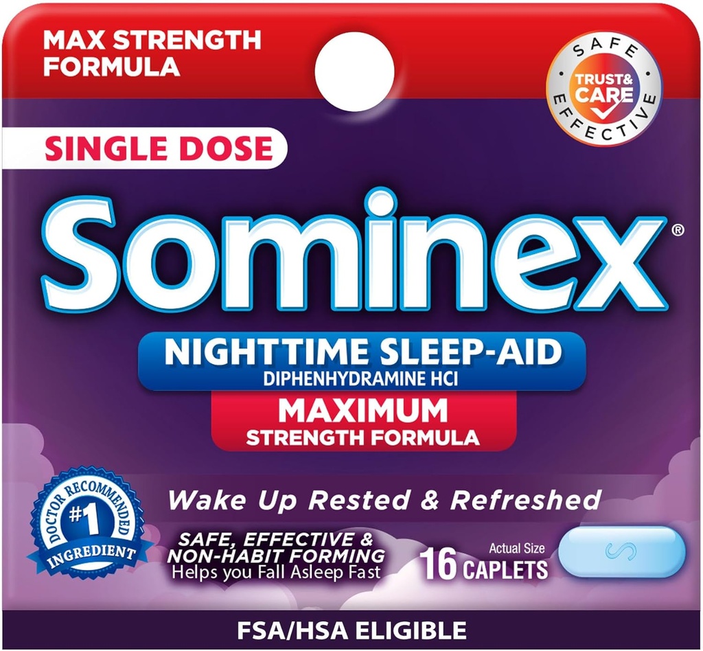 Sominex Nighttime Sleep- Aid Tablets, Maksimal styrke Formel, enkeltdosis, Assorted, 16 Greve