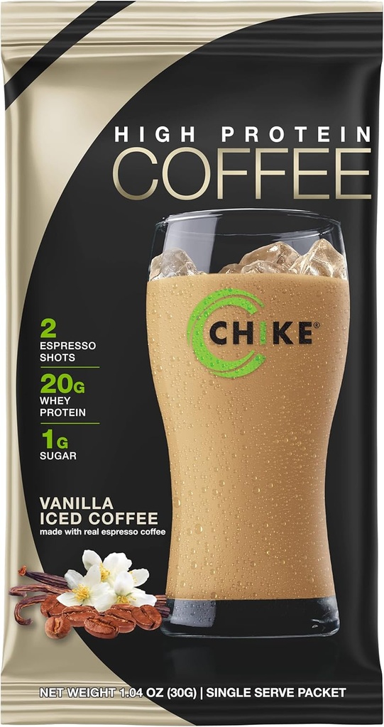 CHIKE Vanilla High Protein Iced Coffee, 20 G Protein, 2 Shots Espresso, 1 G Sukker, Keto Friendly og Gluten Free, 12 Single Serve Pakker
