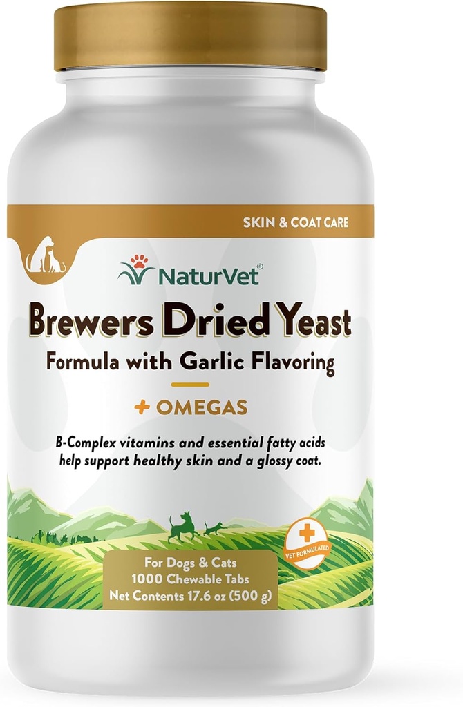 NaturVet - Brewer 's Tørret Gær Formel med hvidløg Arvelotion - Plus Omegas- 124; Rich in Omega-3, 6 & 9 Fedtsyre- 124; Forstærket med B1, B2, Niacin & C-vitamin; 124; til hunde & Katte; 124; 1000 tyggetabletter
