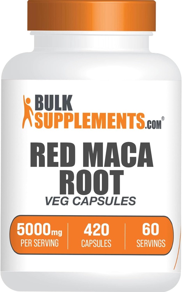 BulkSupplements.com Red Maca Capsules - Maca Supplement, Red Maca 5000mg, Red Maca Root - Vegan & Gluten Free, 7 Kapsler per servering, 420 Count (pakke med 1)