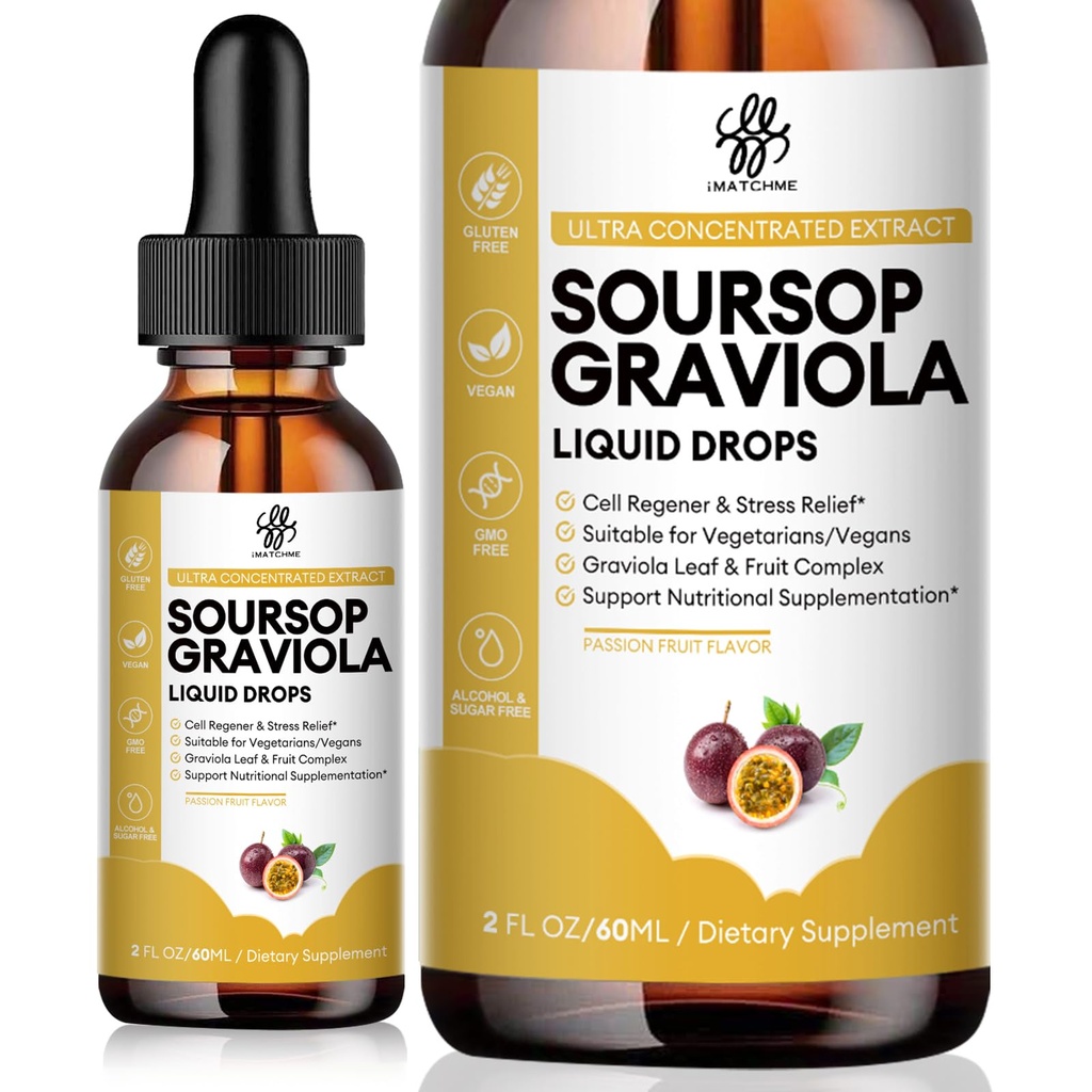 iMATCHME Premium Soursop Graviola til fordampning, Support Sund Hud & Søvn, Soursop Extract Liquid Drop fra Graviola Leaf og Frugt, Sukker / Koffein / Gluten Free, Passion Fruit Flavor, 2 Fl Oz