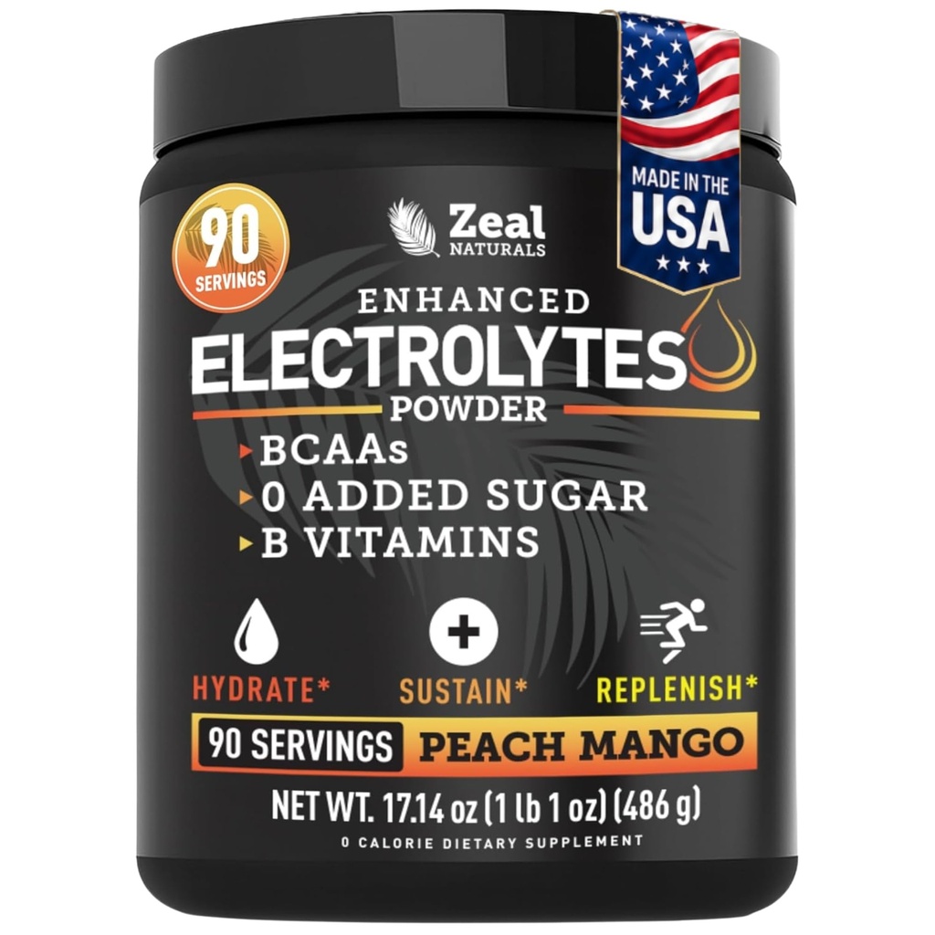 Zeal Naturals Electrolyte Powder Recovery Drink (90 Servings MSD 124; Peach Mango) w 0 Sugar + BCAAs + B- Vitaminer Electrolyte Supplement w Kalium Zink & Magnesium for Hydration - Keto Electrolytes