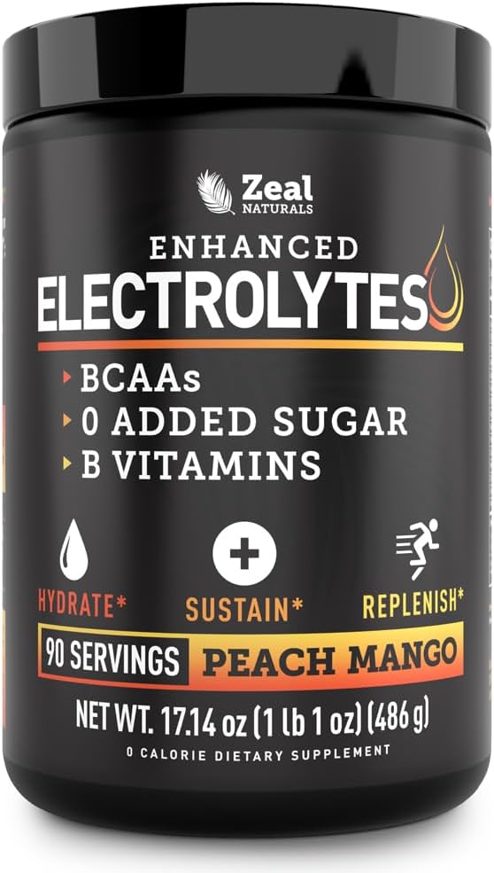 Zeal Naturals Electrolyte Powder Recovery Drink (90 Servings MSD 124; Peach Mango) w 0 Sugar + BCAAs + B- Vitaminer Electrolyte Supplement w Kalium Zink & Magnesium for Hydration - Keto Electrolytes