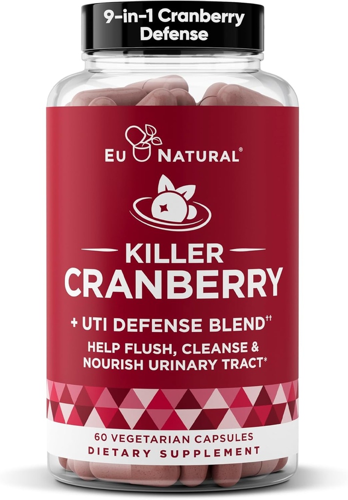 9-in-1 Killer Cranberry piller til kvinder - UTI Defense Blend med klinisk undersøgte ingredienser - 9 Extract Urinary Tract Supplement - Pine Bark, Propolis, D-vitamin & mere - 60 Fast- Fungerende kapsler
