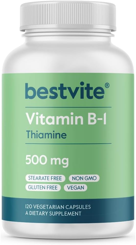 BESTVITE Vitamin B-1 (Thiamin) 500mg (120 Vegetarian Capsules) - No Stearates - Vegan - No Calcium Carbonate - Non GMO - Gluten Free - No Silicon Dioxide
