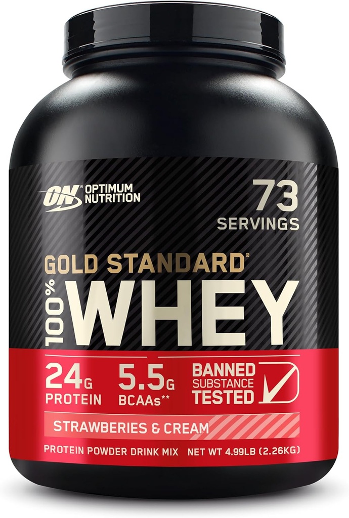 Optimum Nutrition Gold Standard 100% Whey Protein Powder, Jordbær & Cream, 5 Pund (Packaging May Vary)