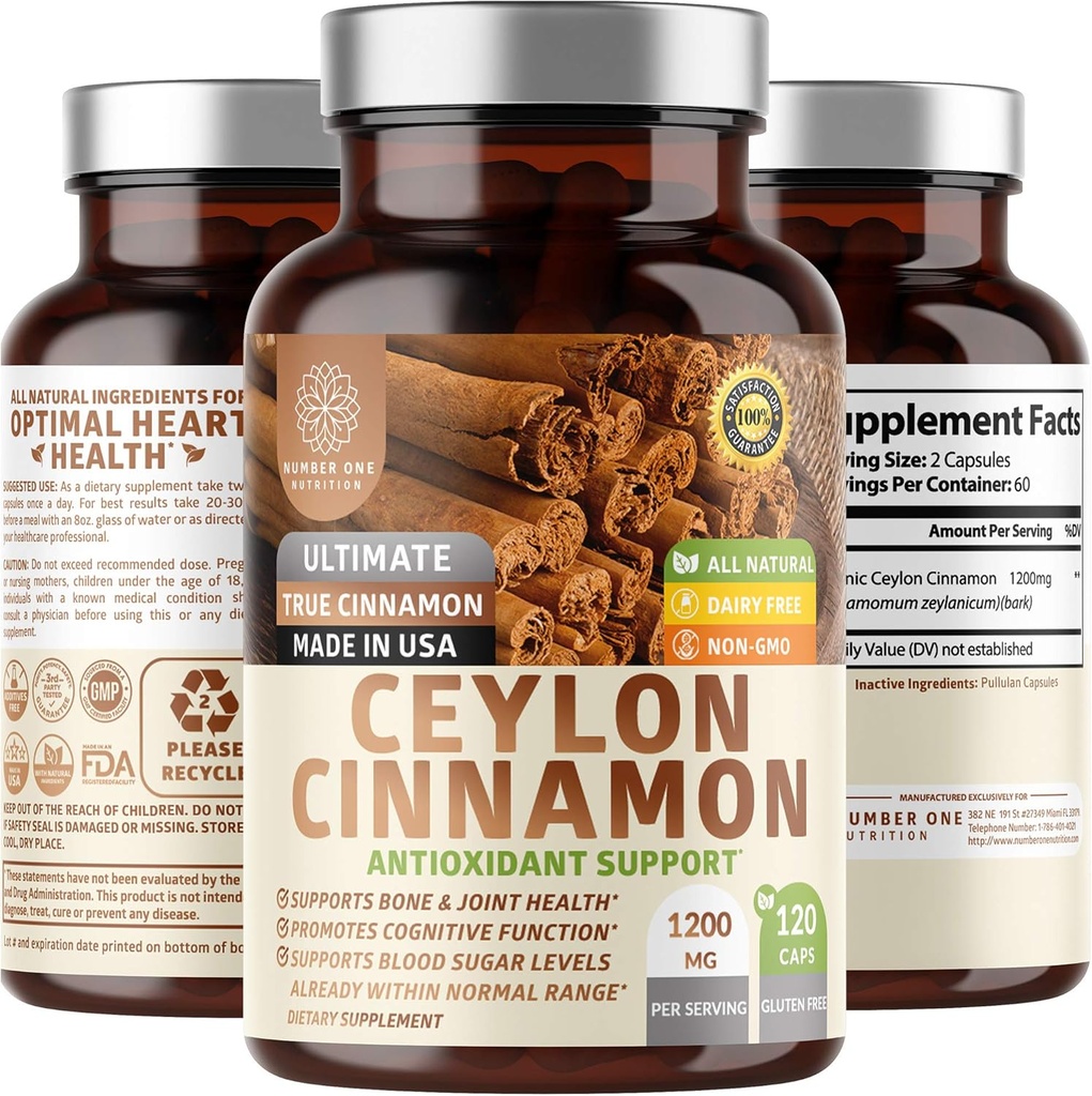 N1N Premium Ceylon Cinnamon 1200mg [100% Økologisk Cylon Cinnamon] Naturligt supplement til støtte sund cirkulation, hjerne og fælles funktion, 120 Caps