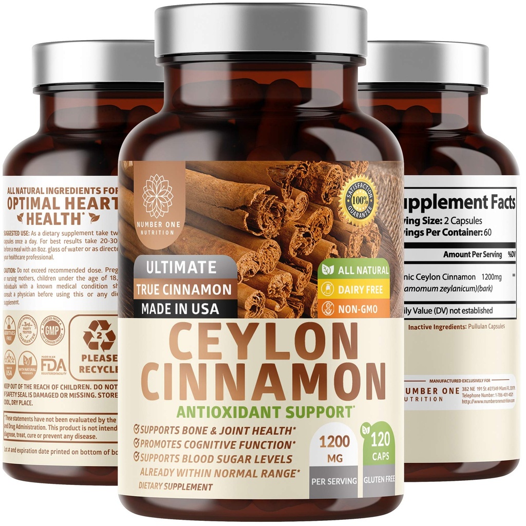 N1N Premium Ceylon Cinnamon 1200mg [100% Økologisk Cylon Cinnamon] Naturligt supplement til støtte sund cirkulation, hjerne og fælles funktion, 120 Caps