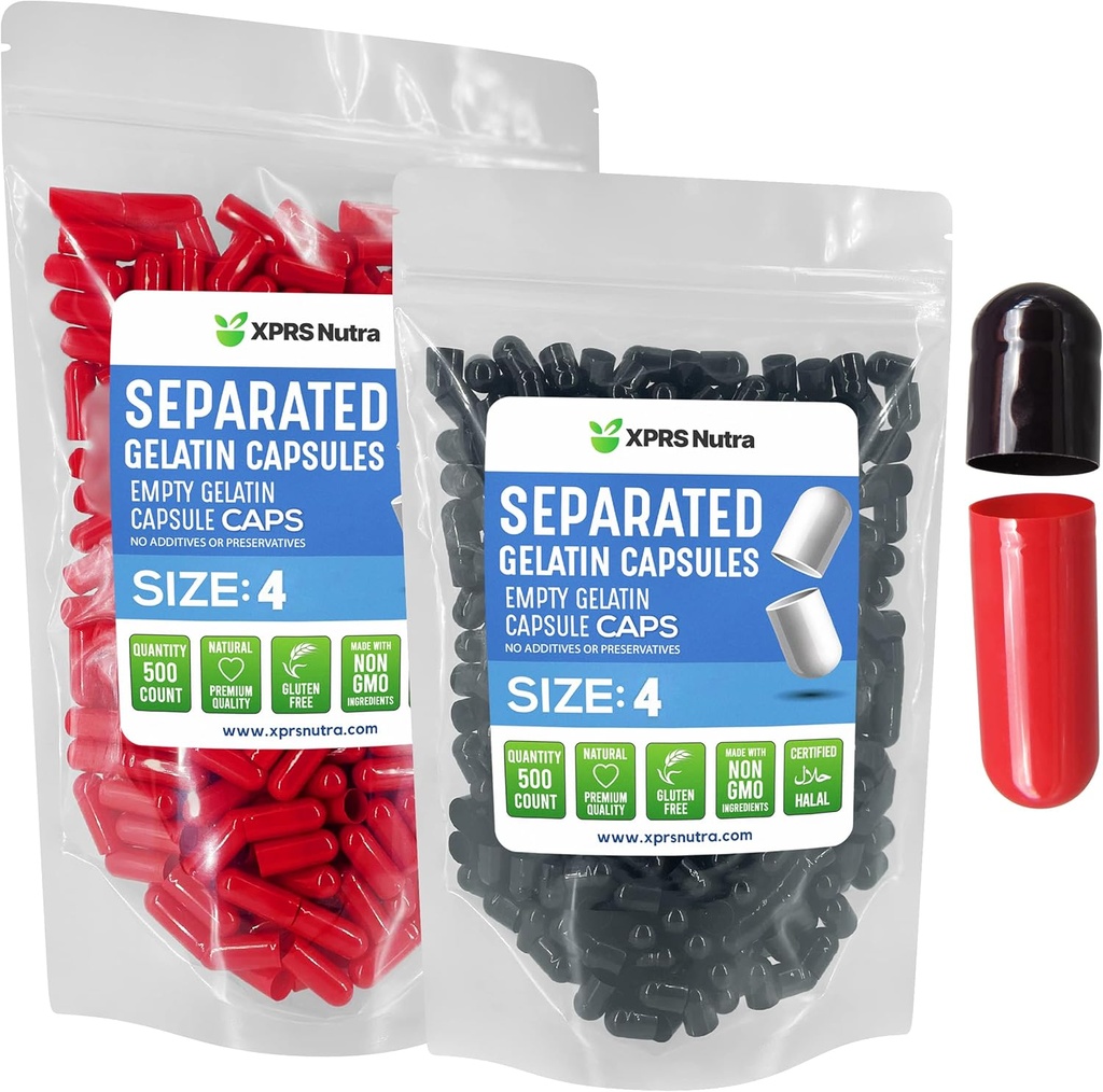 XPRS Nutra Gelatine Størrelse 4 Separated Capsules - 500 Greve små tomme kapsler Separated i poser - DIY Filtable Pille Caps - Størrelse 4 Gel Do- It- Yourself Vitamin og supplement påfyldning (sort / rød)