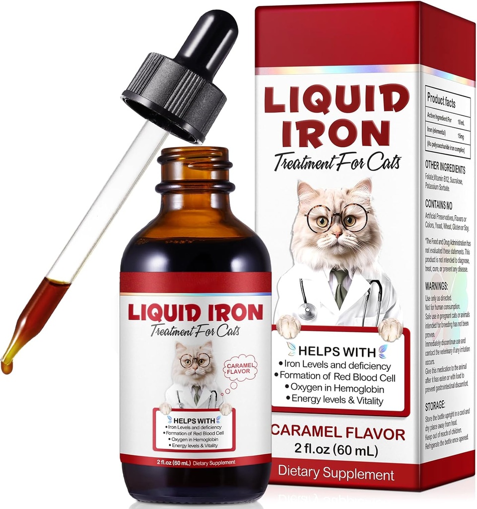 Jern Kosttilskud til katte, 60ML flydende jern med folat og B12 støtter anæmi, Lavtenery Niveauer og letargi, fremmer Red Blood Cell Dannelse og Blood Health
