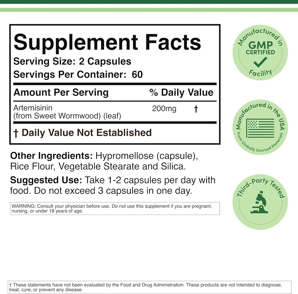 Artemisinin (Sweet Wormwood Cleanse) (Artemisia Annua) 200mg Per Serving, 120 Kapsler (Two Month Supply) Vegan Safe, Non- GMO, Gluten Free (immunforsvar) by Double Wood
