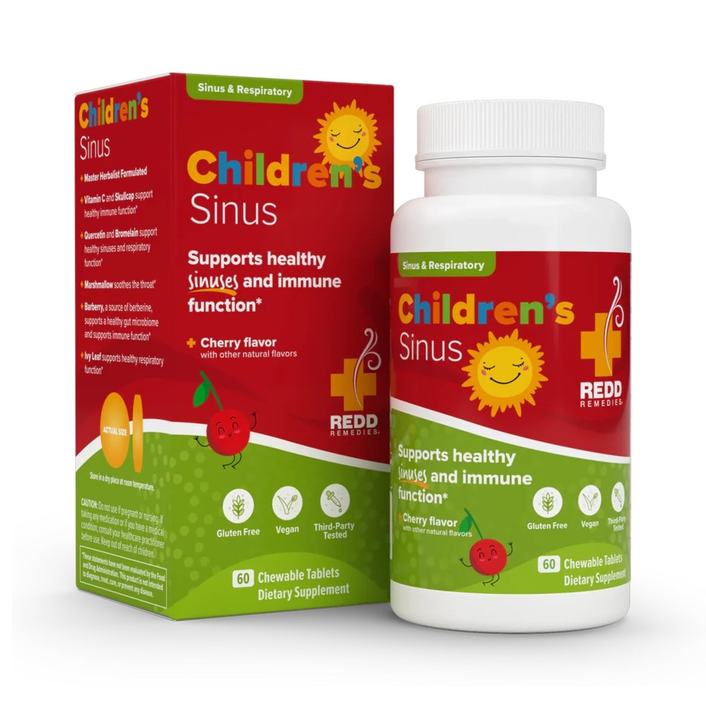 Redd Remedies, Børns Sinus Support, immunforsvar og åndedrætsværn Formel, Cherry Flavor, 60 tyggetabletter