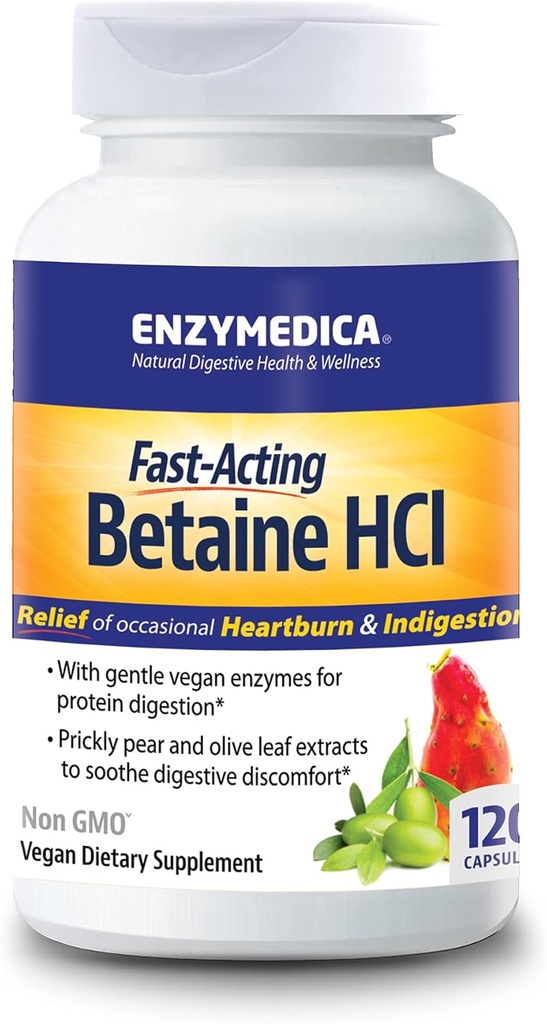 Enzymedica, Betaine HCl, Lejlighedsvis Heartburn og fordøjelsesstøtte, 120 Kapsler