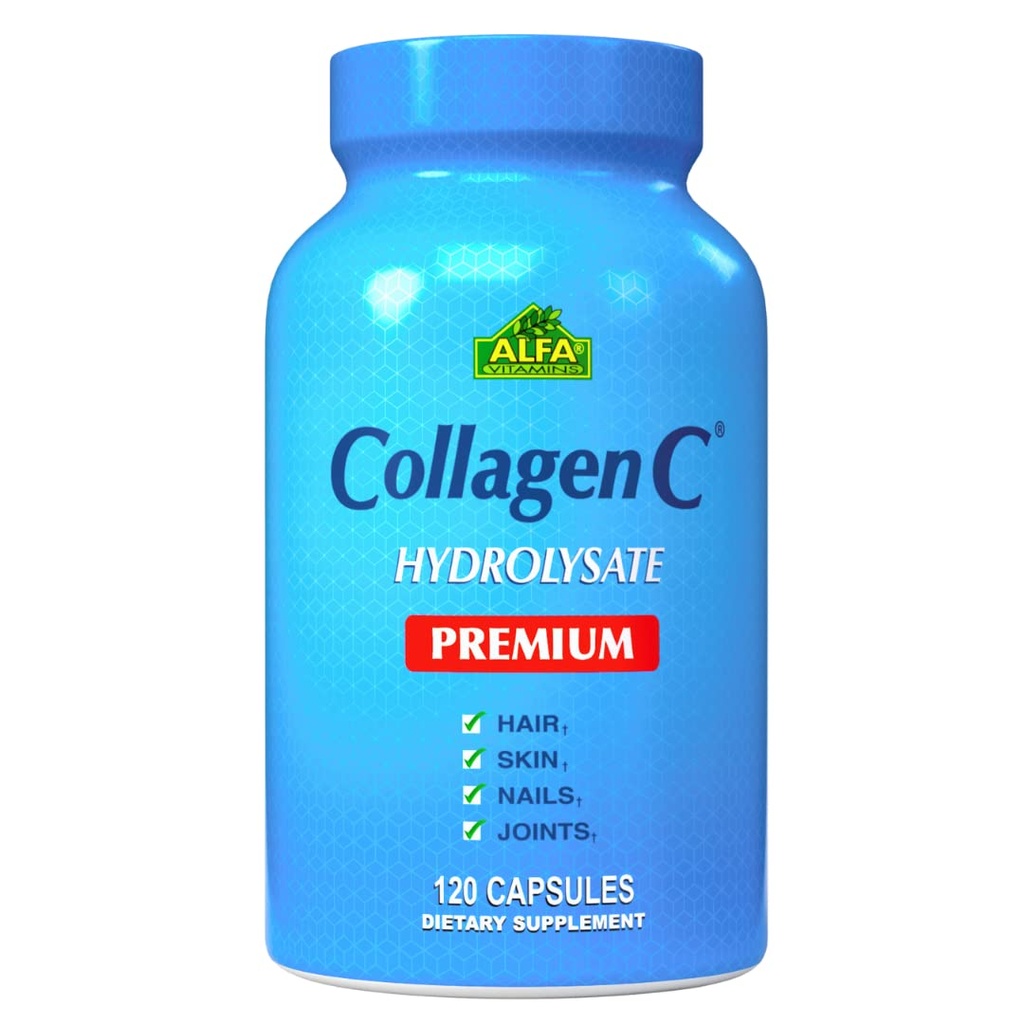 ALFA VITAMINS CollagenC Hydrolysat Premium Kosttilskud med C-vitamin, understøtter hud, hår, negle og ben sundhed, forbedrer Collagen produktion, Collagen peptider til foryngelse, 120 kapsler