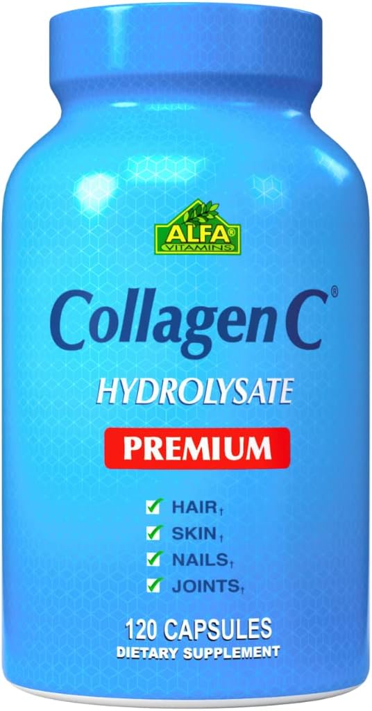 ALFA VITAMINS CollagenC Hydrolysat Premium Kosttilskud med C-vitamin, understøtter hud, hår, negle og ben sundhed, forbedrer Collagen produktion, Collagen peptider til foryngelse, 120 kapsler